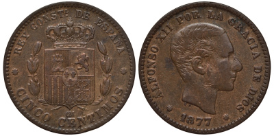 Испания 5 сентимо 1877 ОМ, Альфонсо XII (1874-1885) KM 674 бронза    1528-723