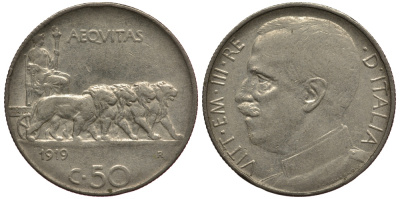 Италия 50 чентезимо 1919 R, Виктор Эммануил III (1900-1946), рубчатый гурт KM 61.2 никель 3896-921