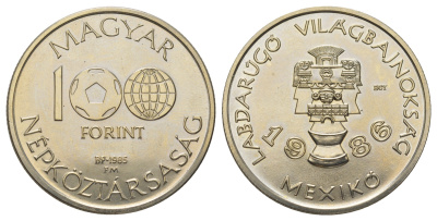 Венгрия 100 форинтов 1985 Чемпионат мира по футболу 1986 - Национальные мексиканские артефакты KM 648 медь цинк никель BU 3897-1011