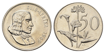 ЮАР 50 центов 1969 редкий год, Ян ван Рибек (1619-1677), Suid Africa, легенда на африкаанс, Зантедеския Эллиота (калла) KM 70.2 никель BU 4693-327