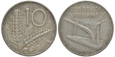 ИТАЛИЯ 10 ЛИР 1954 R, КОЛОСЬЯ, ПЛУГ KM 93 алюминий G 4182-521
