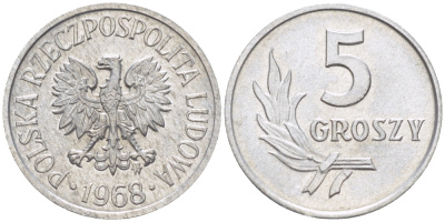ПОЛЬША 5 ГРОШЕЙ 1968 РЕДКИЙ ГОД KM A46, Parchimowicz 204i алюминий UNC 4181-1151