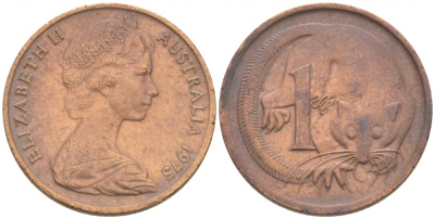 АВСТРАЛИЯ 1 ЦЕНТ 1975 ЕЛИЗАВЕТА II, МОЛОДОЙ ПОРТРЕТ, ОПОССУМ КМ 62 бронза 3955-455