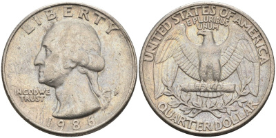 США 25 центов = квотер 1986 P, Вашингтон KM A164a медь плакированная медно-никелем 4584-1234