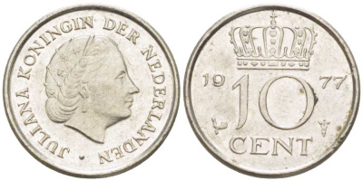 НИДЕРЛАНДЫ 10 ЦЕНТОВ 1977 ЮЛИАНА (1948-1980) KM 182 никель 211-1231