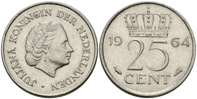 НИДЕРЛАНДЫ 25 ЦЕНТОВ 1964 ЮЛИАНА KM 183 никель 96-158