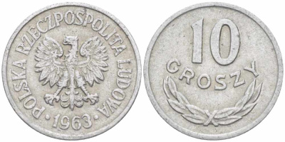 ПОЛЬША 10 ГРОШЕЙ 1963 KM АА47 алюминий 105-727