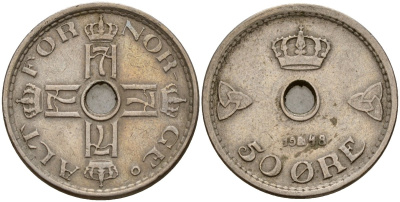 Норвегия 50 эре 1948 Хокон VII (1905-1957) KM 386 медно-никель 4187-916