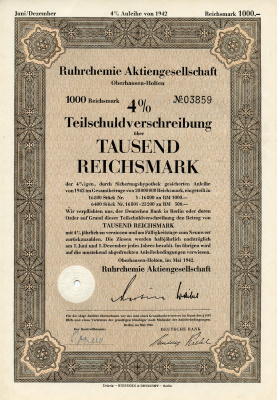 Германия 1000 рейхсмарок 1942 АО Рур-химия, Оберхаузен-Хольтен, 4 % облигация   бумага  8804-127-1