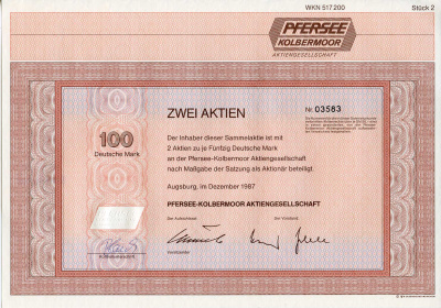 ФРГ 100 марок 1987 Пферзее Кольбермур АГ, Аугсбург, 2 акции   бумага 8803-122-1