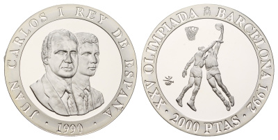 Испания 2000 песет 1990 XXV Летние Олимпийские игры, Барселона 1992 - баскетбол KM 866 серебро PROOF 11-083-11