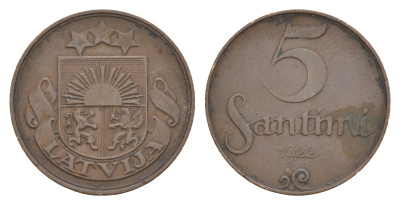 Латвия 5 сантимов 1922 KM 3 бронза 4658-1214