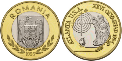Румыния 100 леев 1996 XXVI Олимпийские игры 1996 года в Атланте, 100 лет Олимпийскому движению, стрельба, пробный выпуск, пифорт  биметалл  PROOF  1525-1315
