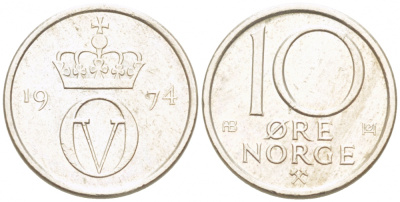 Норвегия 10 эре 1974 Улаф V (1958-1991) KM 416 медно-никель 3955-234