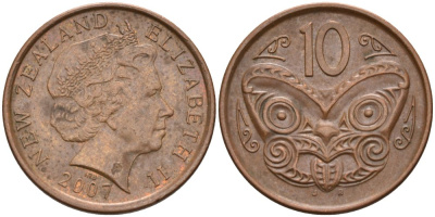 Новая Зеландия 10 центов 2007 маска Маори, Елизавета II (1952-) KM 117а сталь плакированная медью 4579-1257