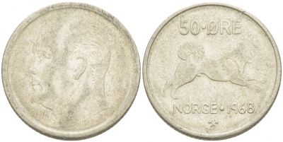 Норвегия 50 эре 1968 Улаф V (1957-1991), собака KM 408 медно-никель 77-432
