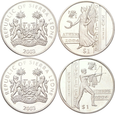 Сьерра-Леоне набор из 2 монет (1 доллар) 2003 XXVIII летние Олимпийские Игры, Афины 2004 KM 288 и 291 медно-никель BU 4368-1132-1133