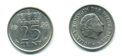 НИДЕРЛАНДЫ 25 ЦЕНТОВ 1956 ЮЛИАНА KM 183 никель 54-1142