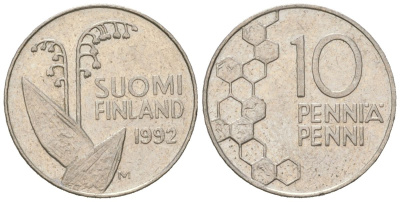 Финляндия 10 пенни 1992 KM 65 медно-никель 4618-223