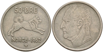 Норвегия 50 эре 1962 Улаф V (1957-1991), собака KM 408 медно-никель 4152-459