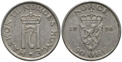 Норвегия 50 эре 1956 Хокон VII (1905-1957) KM 402 медно-никель 4577-751