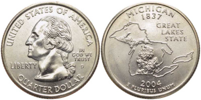 США 25 центов = квотер 2004 D, серия штаты США, Мичиган KM 355 медь плакированная медно-никелем UNC M50-02