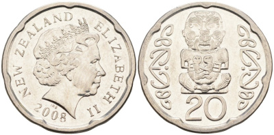 Новая Зеландия 20 центов 2008 Елизавета II (1952-2022), идол Пукаки KM 118а никелированная сталь 4579-1157