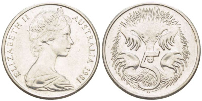 Австралия 5 центов 1981 Елизавета II (1952-2022), ехидна KM 64 медно-никель 4516-663