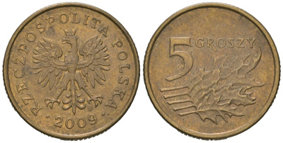 Польша 5 грошей 2009 MW Y 278 марганец латунь aUNC 4618-538