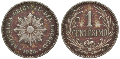 Уругвай 1 сентесимо 1924 KM 19 медно-никель 4169-627