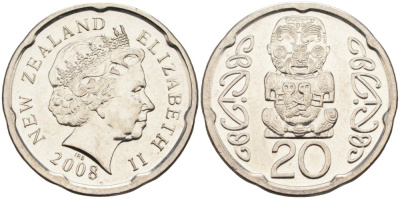 Новая Зеландия 20 центов 2008 Елизавета II (1952-2022), идол Пукаки KM 118а никелированная сталь 4579-1212