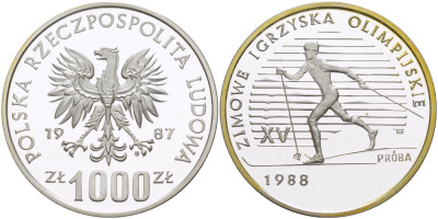 Польша 1000 злотых 1987 MW, XV зимние Олимпийские игры 1988 года в Калгари, лыжник, PROBA, проба, тираж 10000 экз. KM Pr 565, Parchimowicz P.492a серебро PROOF 1085-2-25