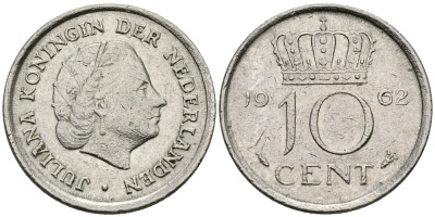 НИДЕРЛАНДЫ 10 ЦЕНТОВ 1962 ЮЛИАНА KM 182 никель 96-339