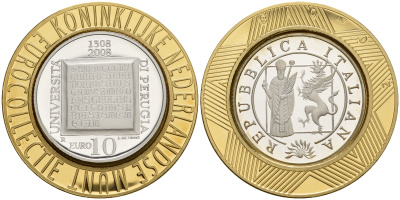 Италия 10 евро 2008 700 лет Университету Перуджиа, коллекция Нидерландского монетного двора KM 306 серебро PROOF 11-060-13