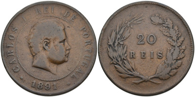 Португалия 20 рейсов 1891 Карлуш I (1889-1908) KM 533 бронза 4572-516