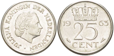 НИДЕРЛАНДЫ 25 ЦЕНТОВ 1963 ЮЛИАНА (1948-1980) KM 183 никель 214-937