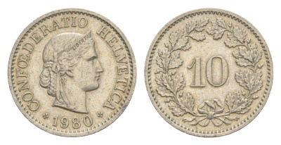 Швейцария 10 раппенов 1980 KM 27 медно-никель 4625-714