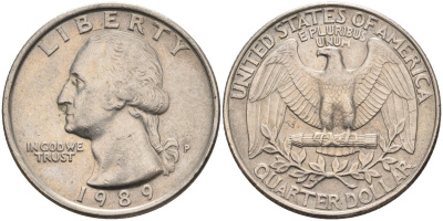 США 25 центов = квотер 1989 P, Вашингтон KM A164a медь плакированная медно-никелем 4584-1247