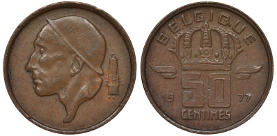 Бельгия 50 сантимов 1977 Belgique KM 148 бронза 4124-545