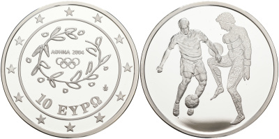 Греция 10 евро 2004 XXVIII летние Олимпийские игры 2004 года в Афинах, футбол KM 206 серебро PROOF 02-263-23