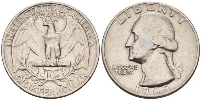 США 25 центов (квотер) 1965 Вашингтон KM 164а медь плакированная медно-никелем    4595-715