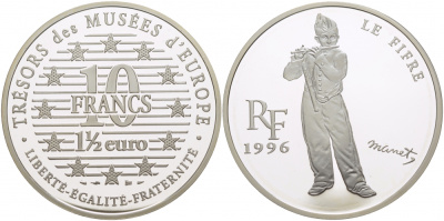 Франция 10 франков = 1 1/2 евро 1996 серия сокровища музеев Европы, игрок на флейте Эдуарда Мане KM 1122 серебро PROOF 00-00