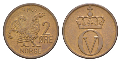 Норвегия 2 эре 1965 Улаф V (1957-1991) KM 410 бронза 4649-657