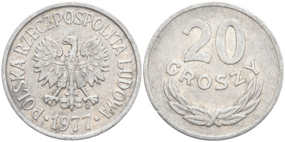 ПОЛЬША 20 ГРОШЕЙ 1977 MW KM А47 алюминий 106-454