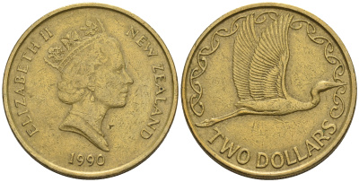 Новая Зеландия 2 доллара 1990 Елизавета II (1952-2022), большая белая цапля KM 79 алюминиевая бронза 60-1327