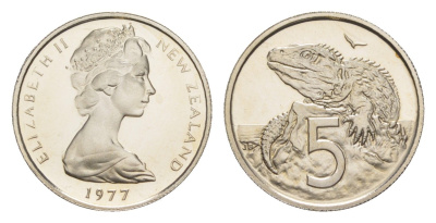 Новая Зеландия 5 центов 1977 тираж 12.000 экземпляров KM 34 медно-никель PROOF 4127-1341