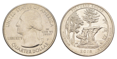 США 25 центов (квотер, 1/4 доллара) 2018 P, Квотеры «Парки США» - Национальные озёрные побережья живописных камней KM 669 медь плакированная медно-никелем UNC 4638-422