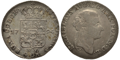 Польша 4 гроша (1 злотый) 1794 MV, Станислав Август Понятовский (1764-1795), вес 5,3 гр. KM 208.1 (С51) серебро 1516-1023