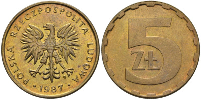 Польша 5 злотых 1987 MW, Народная Республика KM 81.2, Parchimowicz 222b латунь aUNC 4556-1123