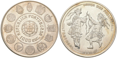 Португалия 1000 эскудо 1997 Танец Политейрош KM 704 серебро  UNC  4552-623